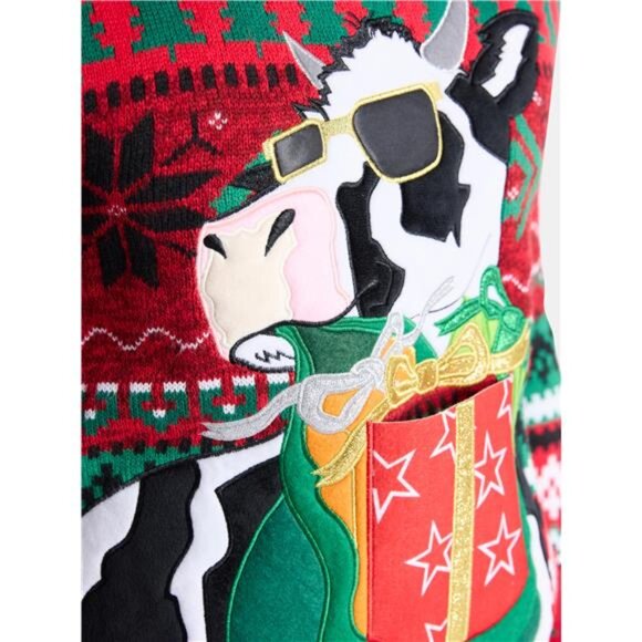 Men’s Christmas Cow Sweater with Drink Pocket Holiday Long Sleeve Ugly Sweater - Picture 4 of 6